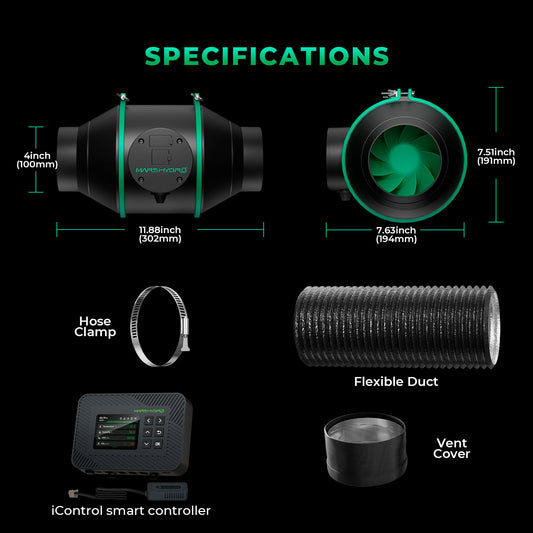 Kits de ventilação inteligente Mars Hydro iFresh 4″ (100 mm) Ventilador de duto em linha e filtro de carbono combinados com controlador inteligente iControl
