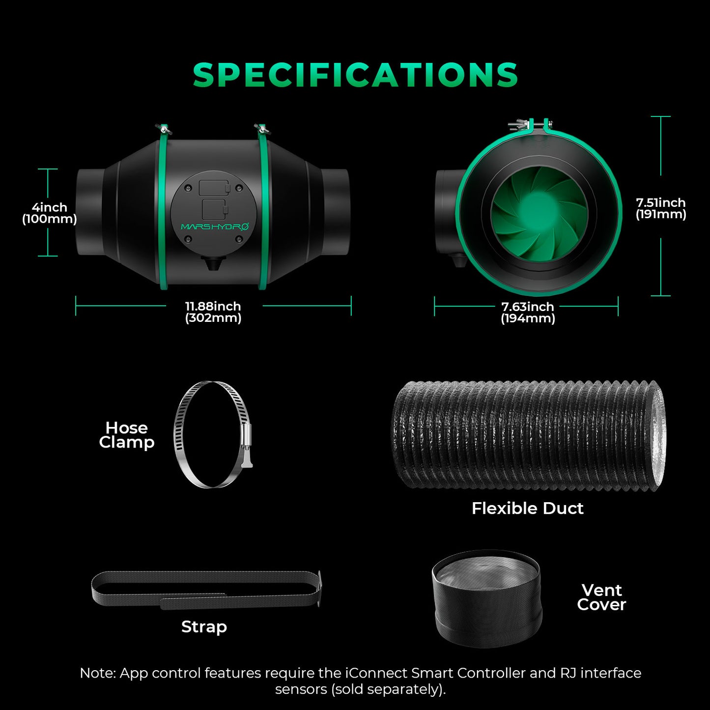 Kit de Ventilação Mars Hydro iFresh 4″ (100 mm) Ventilador Inline + Filtro Carbono Combinados