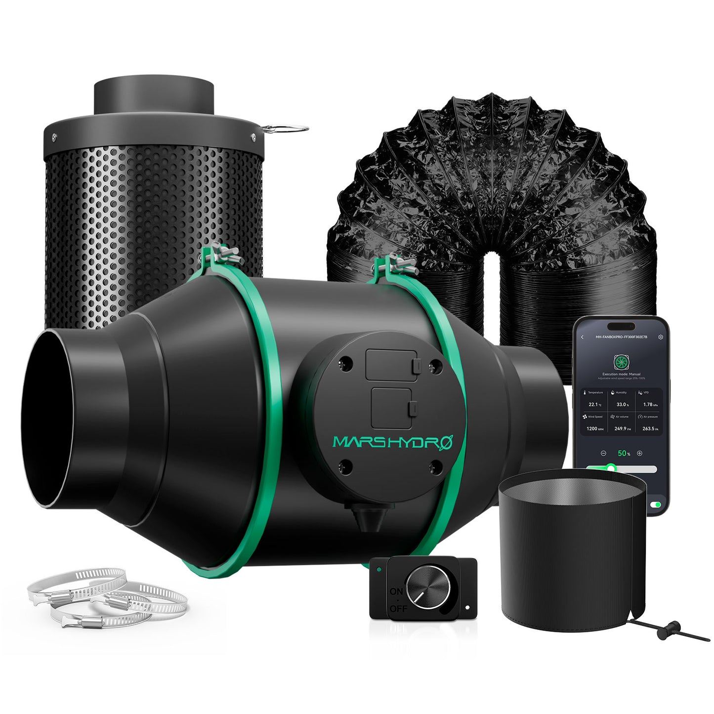 Kit de Ventilação Mars Hydro iFresh 4″ (100 mm) Ventilador Inline + Filtro Carbono Combinados