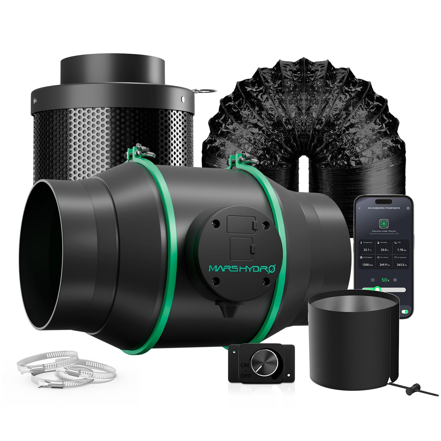 Kit de Ventilação Mars Hydro iFresh 6″ (150 mm) Ventilador Inline + Filtro Carbono Combinados